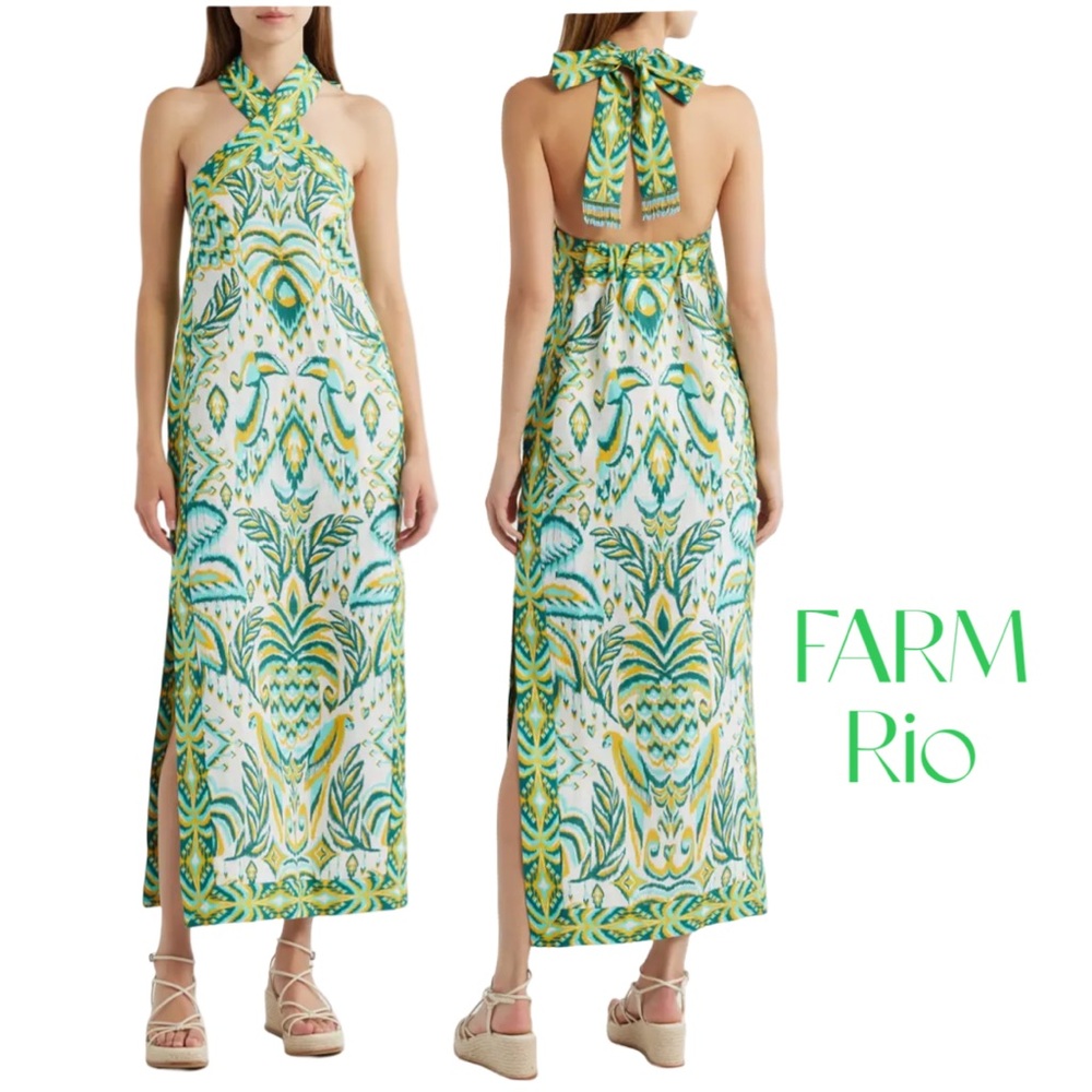 FARM Rio Vibrant halterneck Green Backless Dress Sz XS NWT